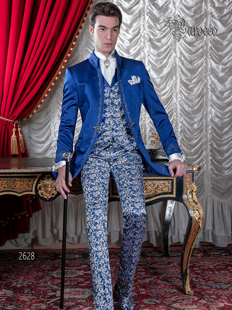 Abito sposo giacca lunga redingote barocco in raso blu ricami argento