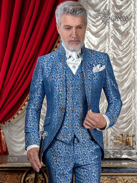 Abito da sposo coreana blu royal ricamata argento stile barocco
