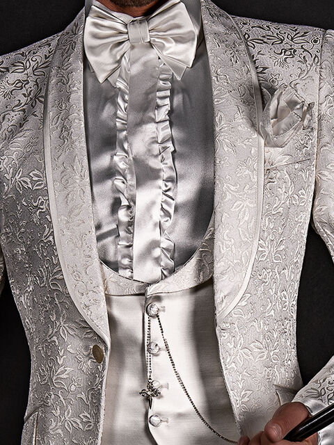 Gilet sciallato misto lana raso bianco rever broccato bianco