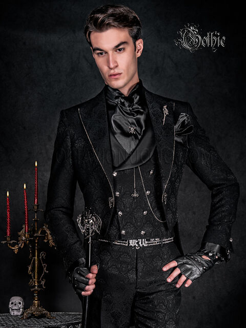 Frac uomo Steampunk gotico broccato nero con strass profilo rever