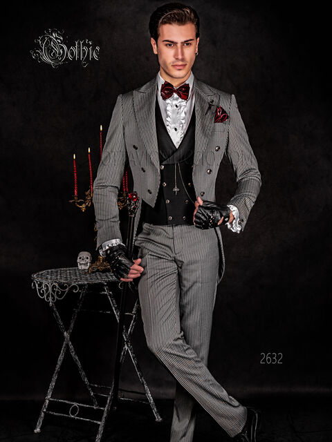 Frac moderno Steampunk gotico gessato nero grigio bottoni teschio