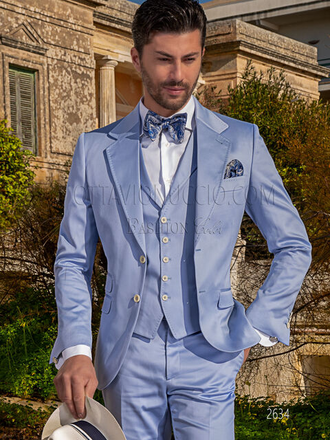 Vestito da matrimonio estivo uomo in raso di cotone celeste