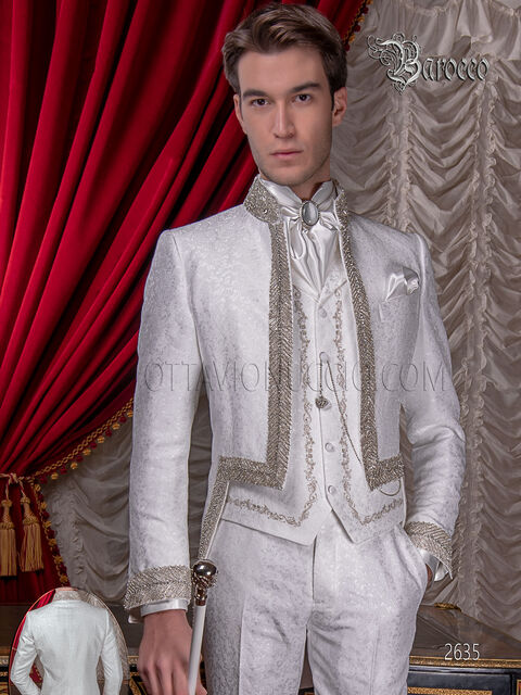 Frac alta moda sposo barocco damascato bianco con strass cristallo