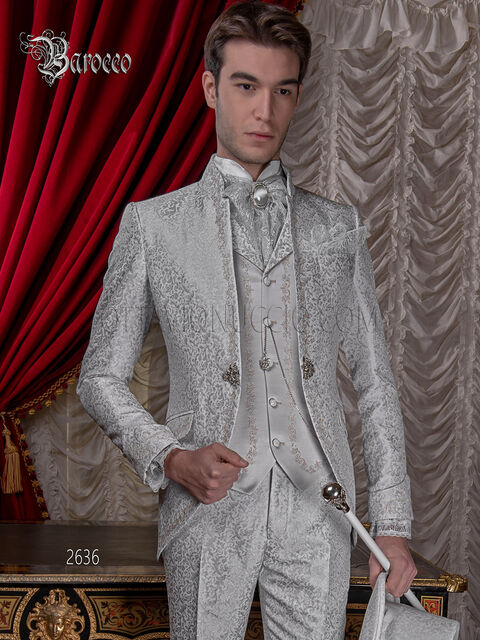 Vestito da sposo ricamato, lusso barocco damascato grigio perla