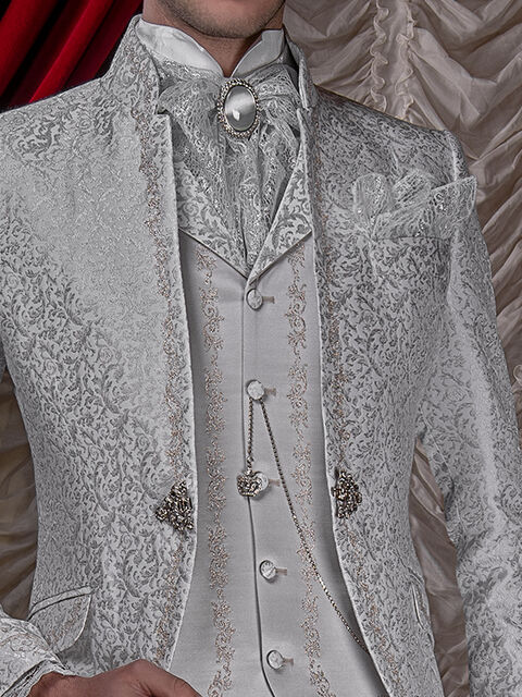 Gilet in raso con contrasti e ricamo grigio perla