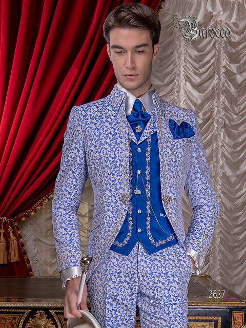 Abito sposo ricamato stile barocco damascato bianco e blu royal