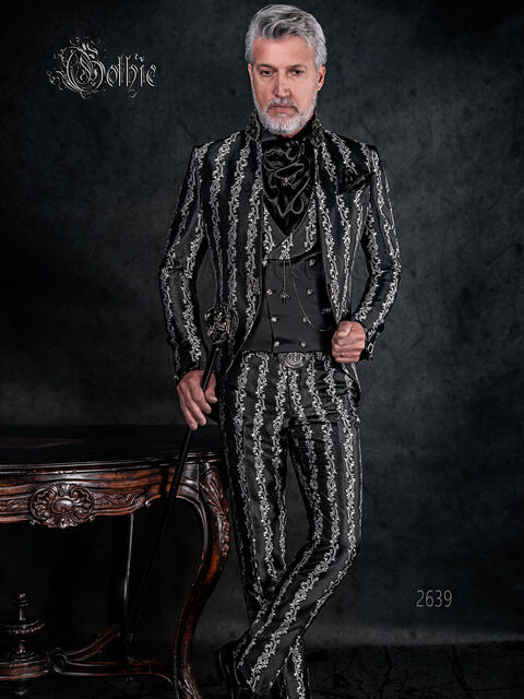 Abito coreano uomo moda sposo gotica broccato nero argento