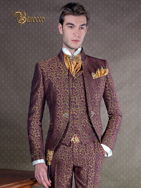 Vestito coreano sposo ricamato barocco su broccato bordeaux oro