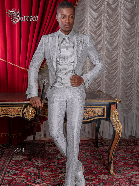 Abito sposo uomo moda barocco damascato grigio perla con bastone