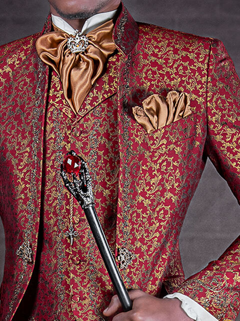 Gilet damascato rosso e oro con ricamo nero-oro