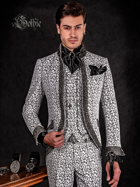 Abito sposo uomo di lusso gotico broccato bianco nero con cristalli