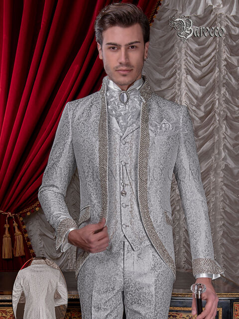 Abito da sposo di lusso broccato grigio perla con cristalli di strass