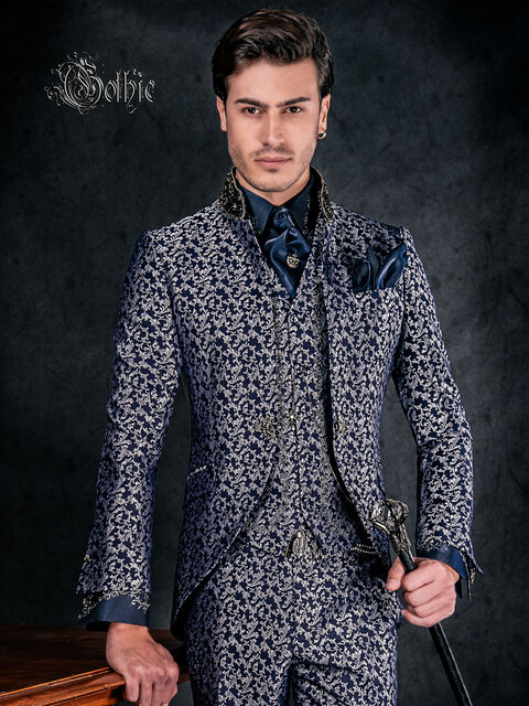 Abito uomo coreano blu argento con passamaneria stile gotico