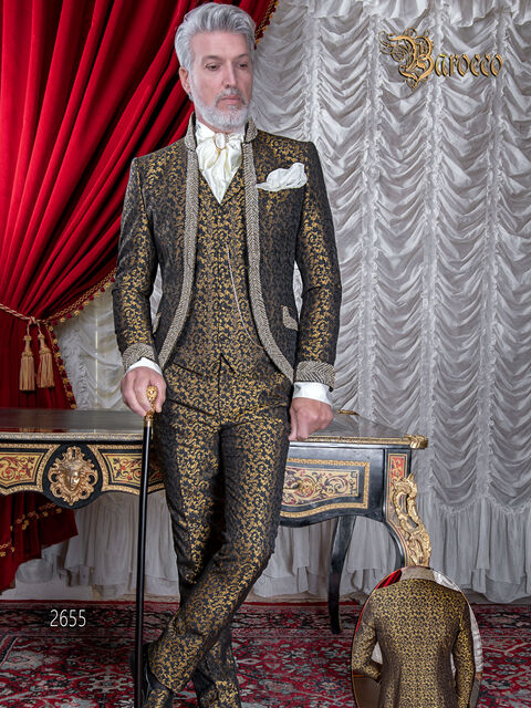 Vestito da sposo di lusso vintage broccato nero e oro con cristalli