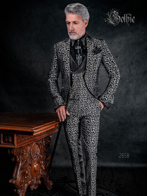 Vestito sposo uomo per matrimonio gotico broccato nero argento