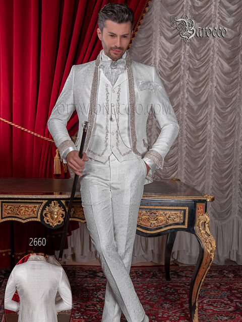 Abito uomo matrimonio di lusso damascato bianco e strass di cristallo