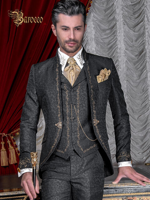 Vestito sposo coreano ricamato oro su tessuto damascato nero