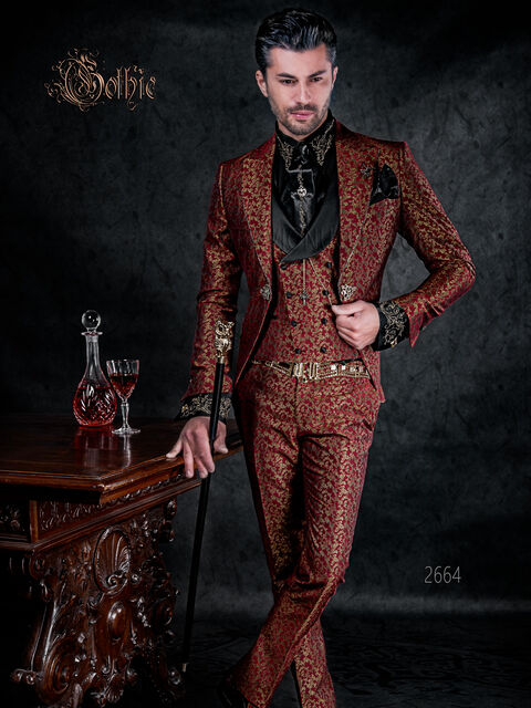 Abito uomo di lusso broccato rosso oro ispirazione gotica