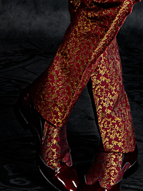 Scarpa bicolore vernice rossa inserto broccato rosso oro