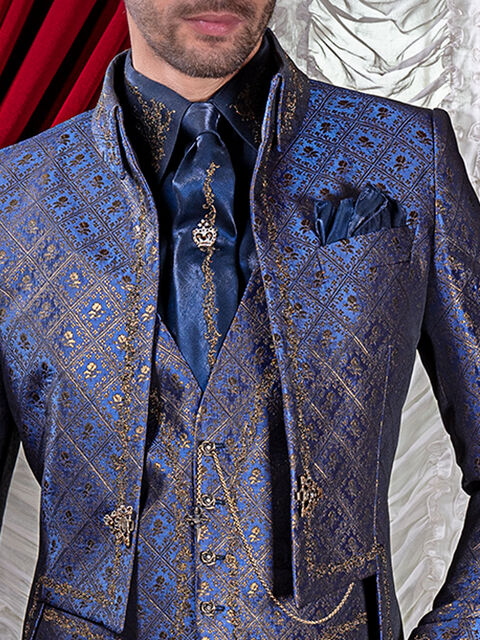 Gilet broccato con ricamo barocco oro e 4 bottoni fantasia