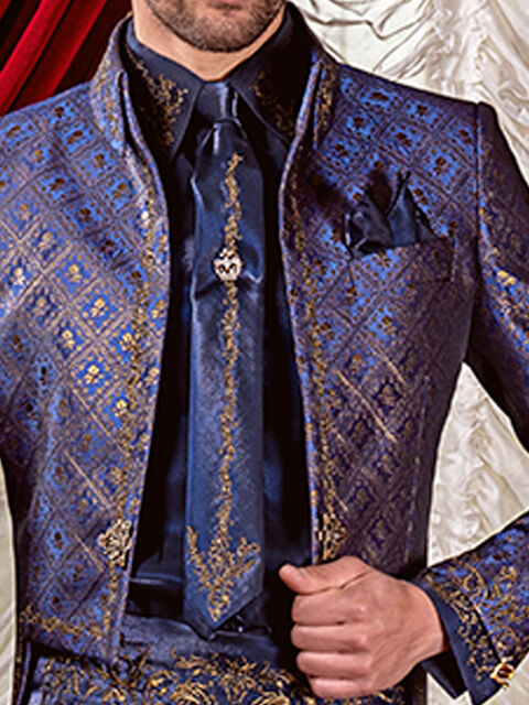 Camicia, Cravatta e Fascia in tessuto lurex blu con ricamo nero-oro
