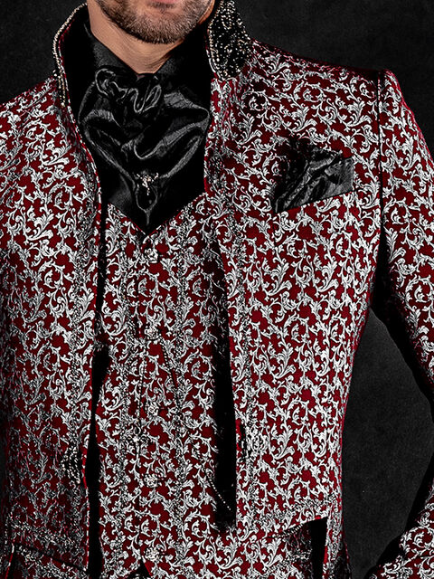 Gilet damascato con contrasto e ricamo nero-argento
