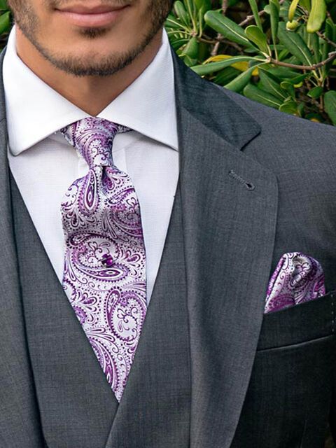 Cravatta e Fazzoletto in seta cachemire grigio perla con fucsia