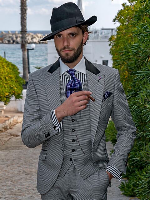 Abito uomo vintage completo di gilet in pied-de-poule bianco-nero