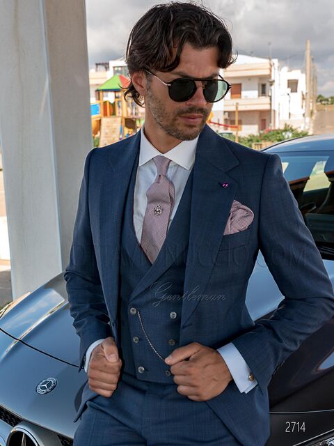Vestito classico cerimonia uomo, gilet doppiopetto in Principe di Galles blu