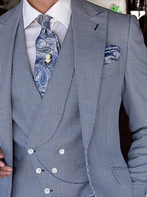 Gilet asimmetrico in pied-de-poule bianco e azzurro