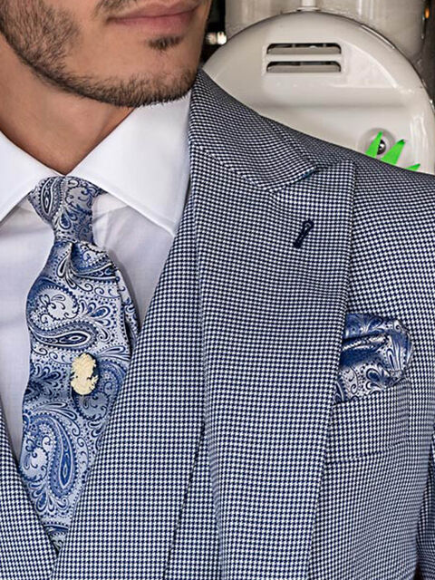 Cravatta e Fazzoletto in seta cachemire grigio perla con bluette