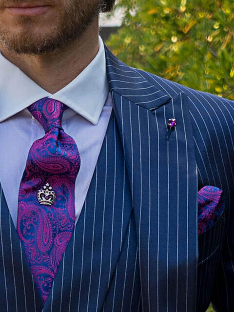 Cravatta e Fazzoletto in seta cachemire bluette con fucsia