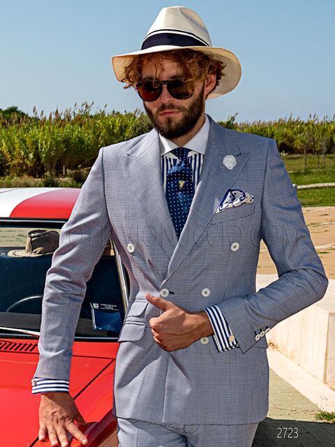 Completo uomo cerimonia doppiopetto in pied-de-poule blu royal
