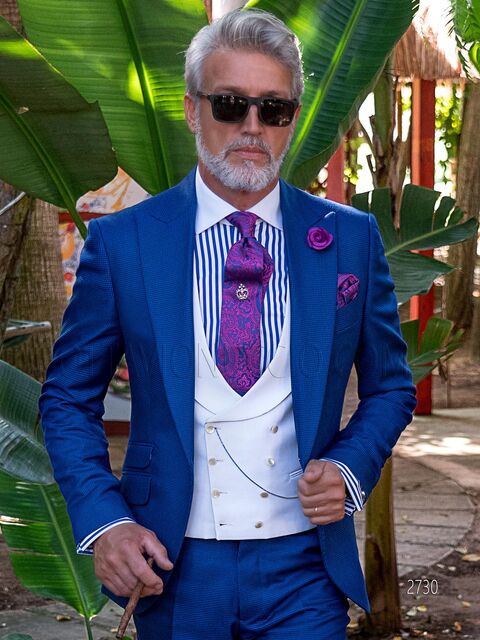 Abito vintage estivo da cerimonia uomo in pied-de-poule blu e gilet bianco
