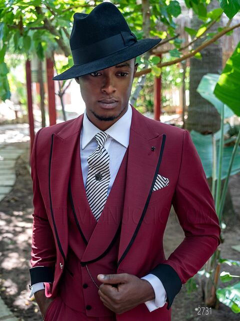 Completo cerimonia uomo fashion in misto lana rosso con contrasti neri