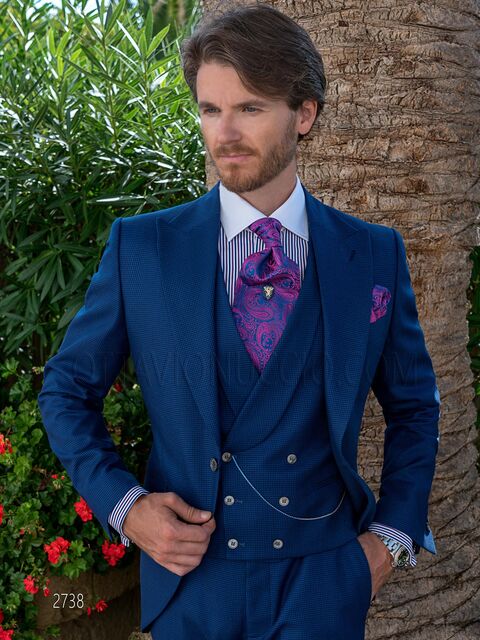 Abito da cerimonia uomo vintage in pied-de-poule blu e gilet doppiopetto