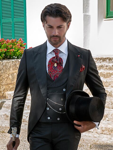 Tight moderno nero da uomo gessato rosso, gilet doppiopetto sciallato