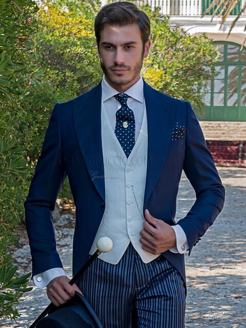 Mezzo-Tight moderno blu pantalone classico rigato e gilet bianco