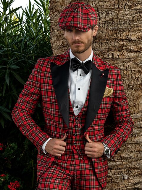 Smoking uomo completo in lana tartan Royal Stewart rosso