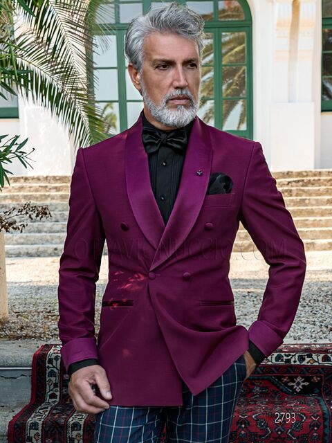 Smoking cerimonia doppiopetto fucsia con pantalone scozzese