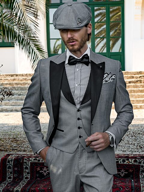 Smoking moderno stile vintage-chic in pied-de-poule nero e bianco