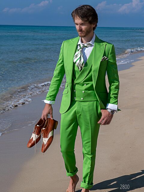 Abito cerimonia uomo in cotone piquet verde impunturato per matrimoni hipster