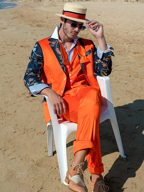 Abito particolare elegante in raso cotone arancio e contrasto di jeans ricamato