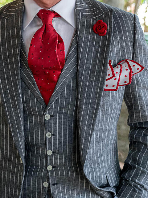 Gilet con rever in puro lino gessato grigio