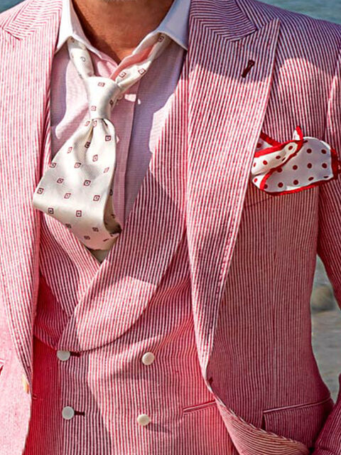 Gilet doppiopetto sciallato in puro lino millerighe bianco e rosso