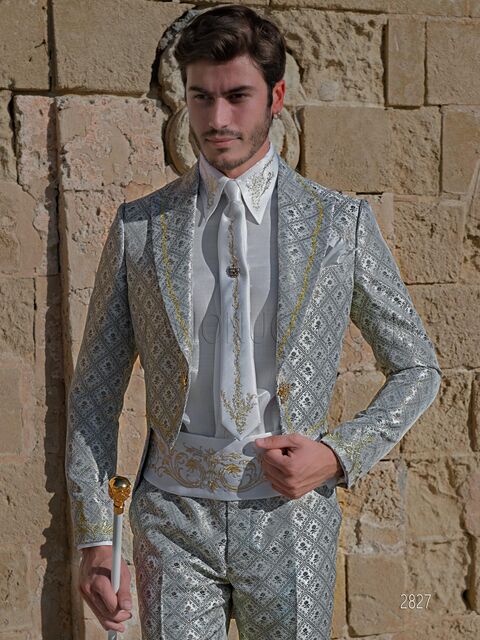 Frac cerimonia broccato avorio ricamo oro stile principesco