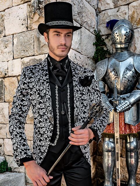 Abito uomo stile gotico broccato nero argento e pantalone raso nero