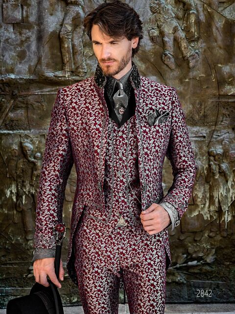 Frac collo mao moda gotica damascato bordeaux con ricamo argento