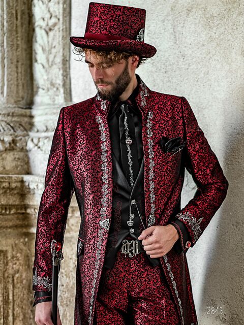Abito per cerimonia stile gotico damascato rosso con ricamo argento