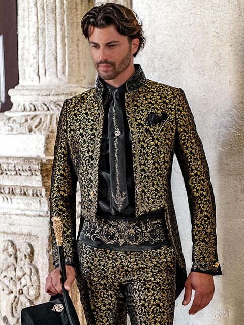 Frac coreana alta moda damascato nero e oro con ricamo gotico dorato